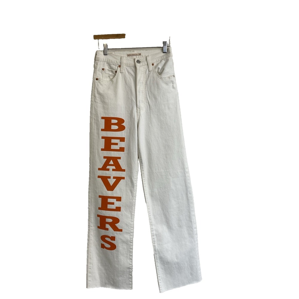 Levi's Jeans Womens 26 White Ribcage Straight Ankle Orange 'BEAVERS"36 Print Raw